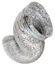 Silver flexible dryer vent ducting with metal clamp.