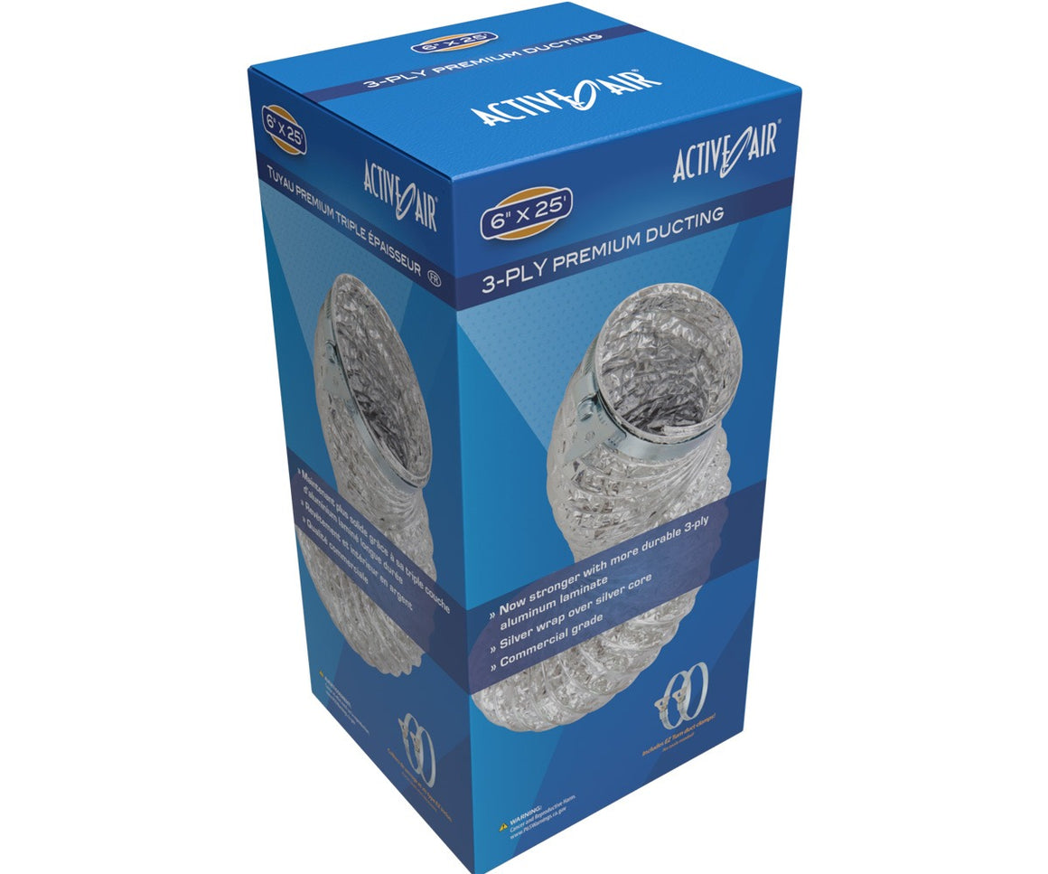 Active Air 6" x 25' 3-ply premium aluminum ducting box with product images.