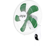 White wall-mount fan with green blades and 