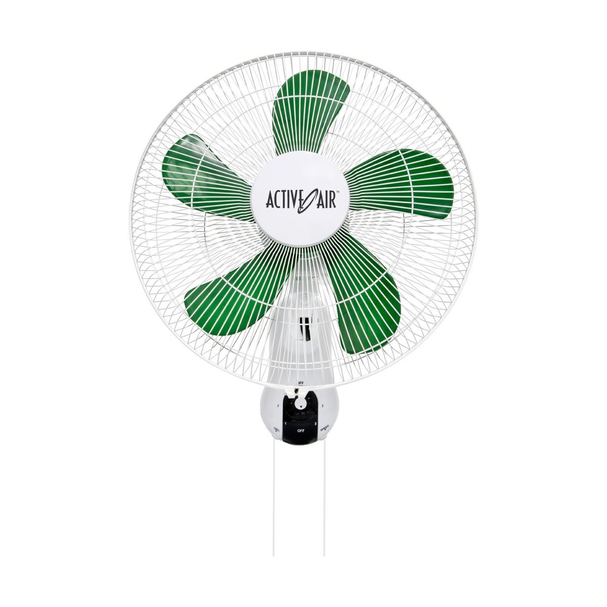 White Active Air wall mount fan with green blades and chrome base.
