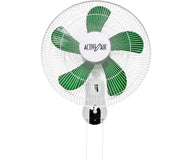 White Active Air wall mount fan with green blades and chrome base.