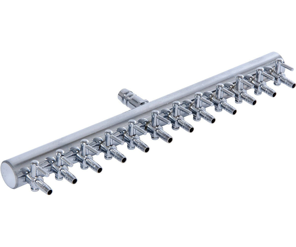 12-outlet metal air manifold with individual control valves for aquarium aeration.