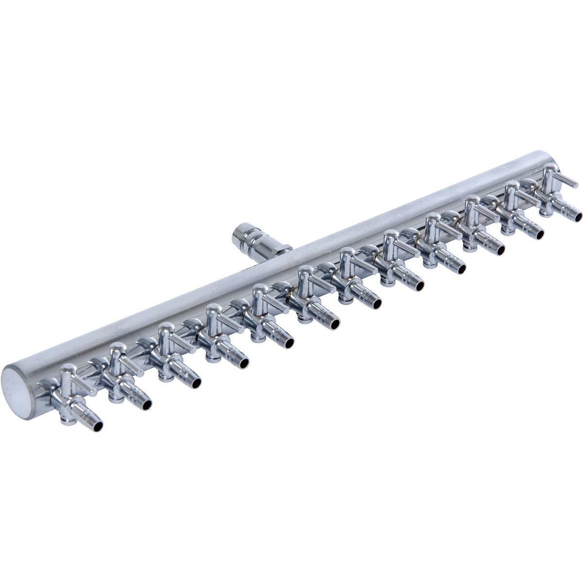 12-outlet metal air manifold with individual control valves for aquarium aeration.