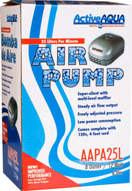 ActiveAqua 25L air pump box, featuring the pump image and specs: 25 liters/min, 12 Watt, 8 outlet, 6 lbs.