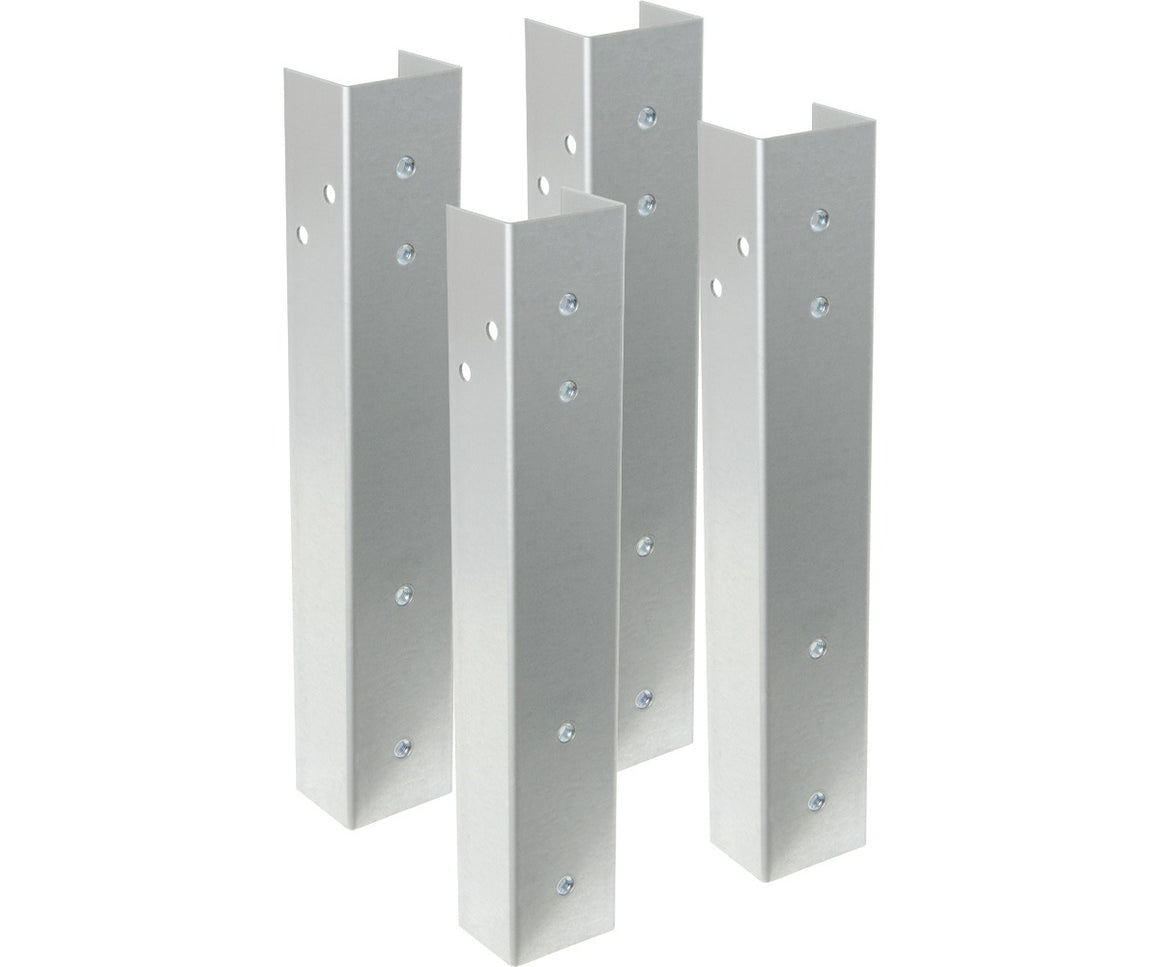 Four silver metal bench legs with pre-drilled holes and rivets, set against a white background.