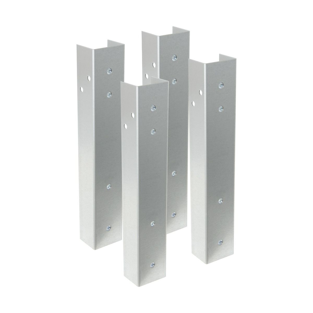 Four silver metal bench legs with pre-drilled holes and rivets, set against a white background.