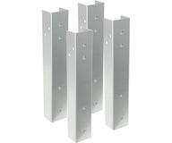 Four silver metal bench legs with pre-drilled holes and rivets, set against a white background.