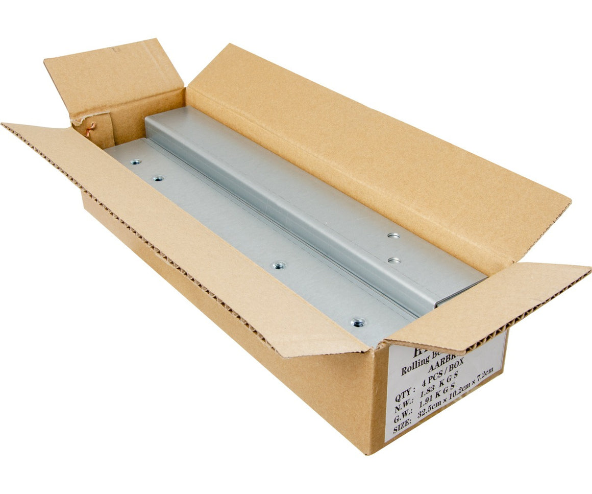 Cardboard box with two silver metal rolling bench legs inside.