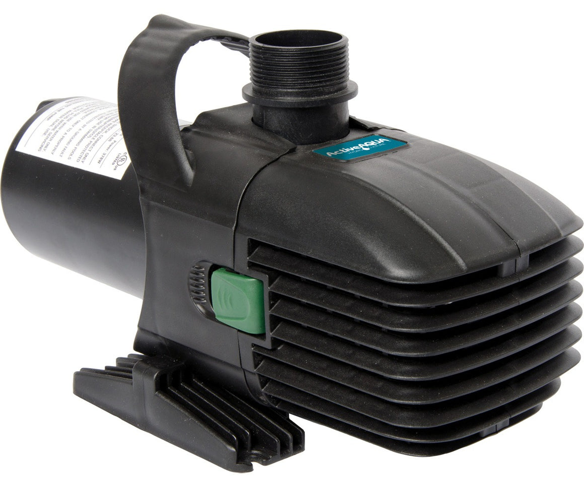 Black ActiveAqua 147W submersible water pump with green button, 2642 GPH capacity.