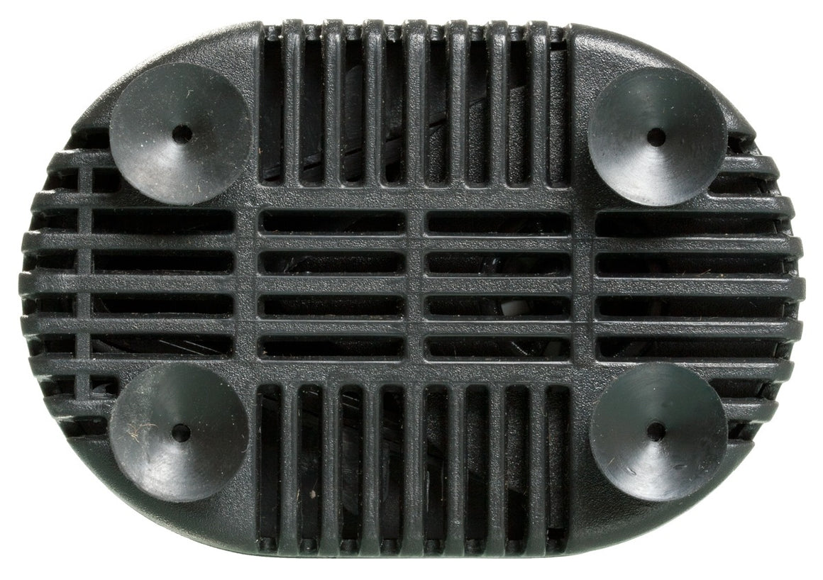 Bottom view of a black aquarium pump with four suction cups and a grated intake.
