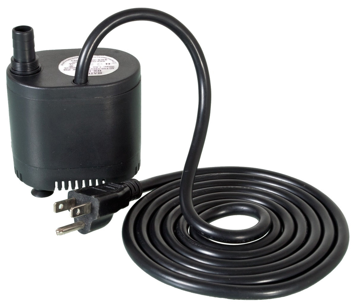 Black submersible water pump with power cord and plug.