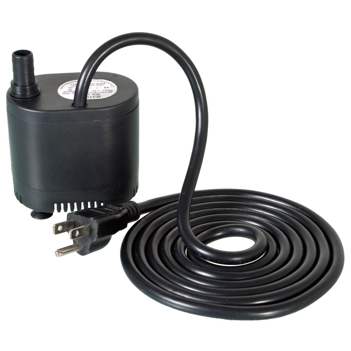Black submersible water pump with power cord and plug.