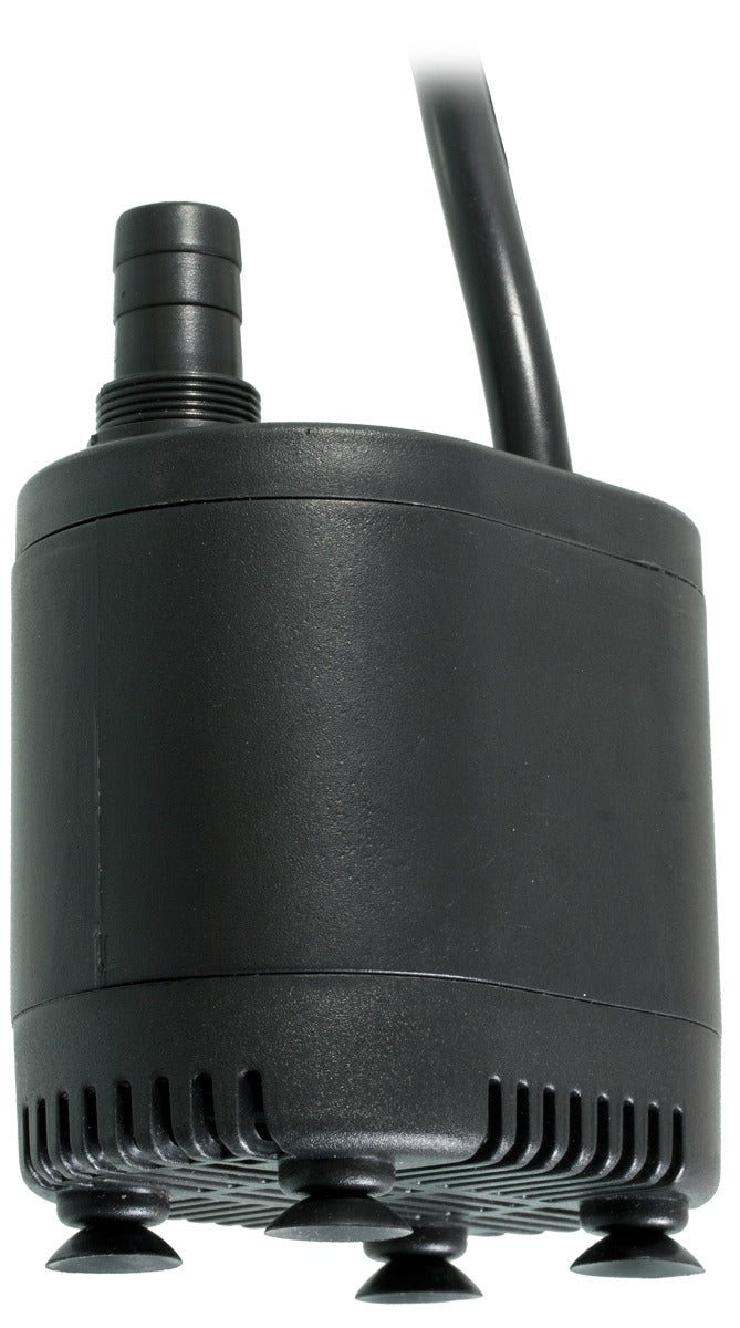 Black submersible pump with ribbed intake and suction cup feet, on white background.