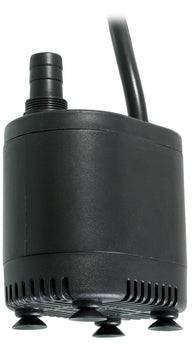 Black submersible pump with ribbed intake and suction cup feet, on white background.