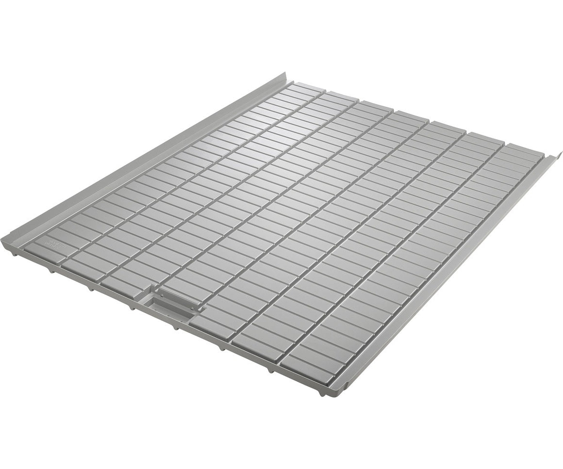 Gray hydroponic tray with elevated, ribbed surface and raised edges.
