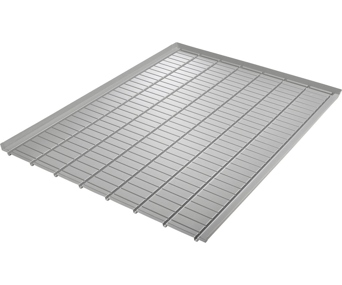 A silver, rectangular hydroponic tray with parallel slats sits on a white background.