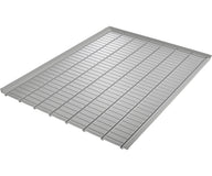 A silver, rectangular hydroponic tray with parallel slats sits on a white background.