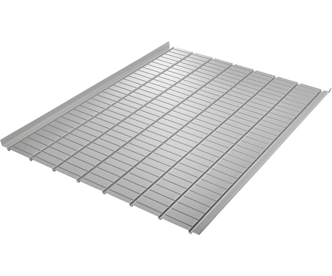 Silver wire mesh tray with raised edges and evenly spaced metal bars.