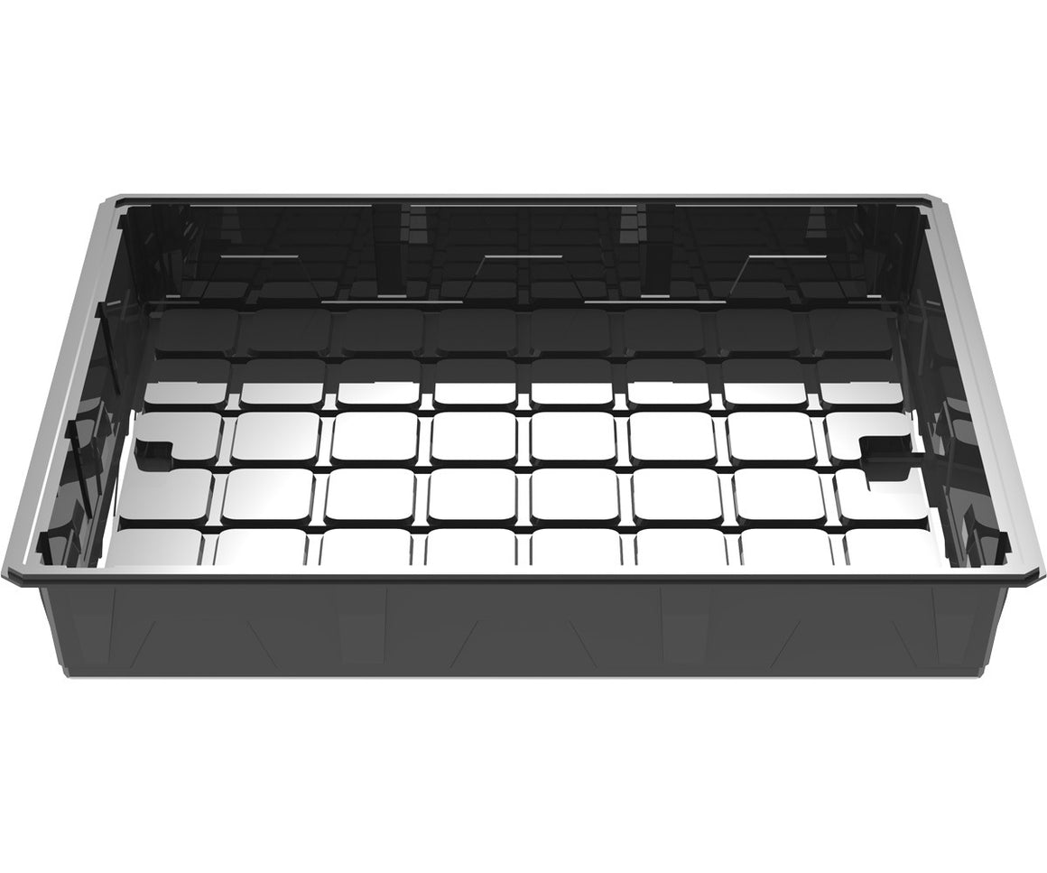 Black 4x4 low rise tray with a grid of cells.
