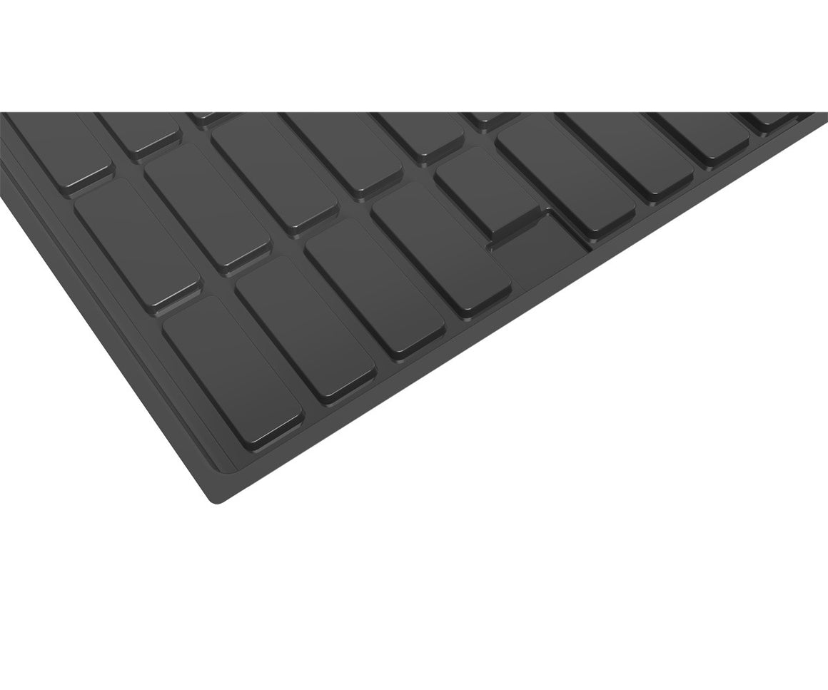 Black 4x4 low rise tray with rectangular indentations, 3D rendering.