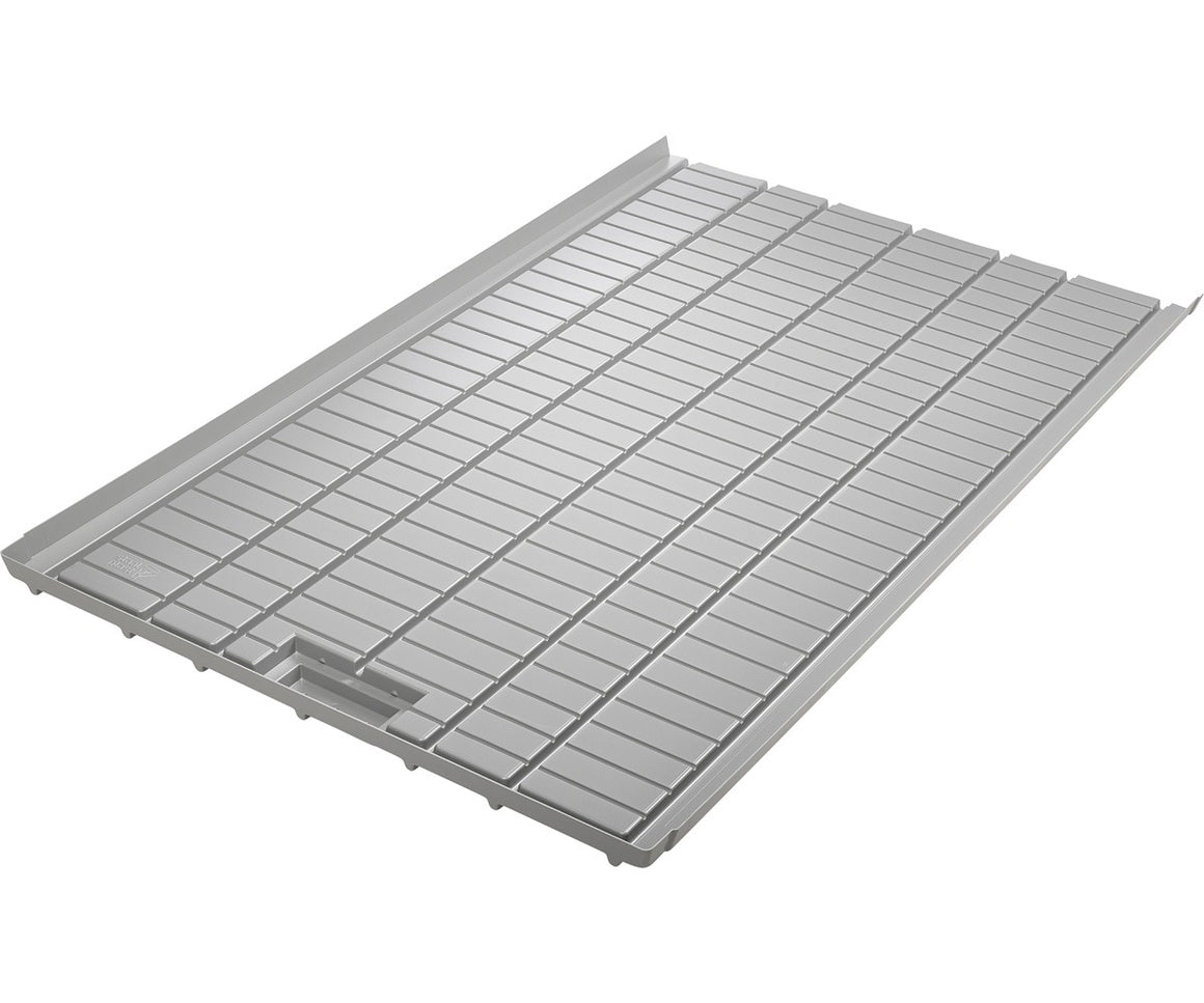 Grey plastic hydroponic tray with grid pattern, raised edges, and a drain fitting.