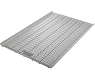 Grey plastic hydroponic tray with grid pattern, raised edges, and a drain fitting.