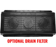 Black rectangular drain filter with three circular inlets and visible website text.