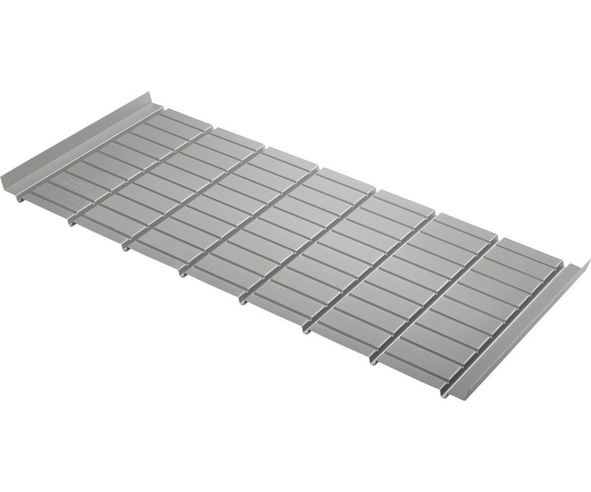 Silver metal Infinity Tray with a segmented surface and raised edges.
