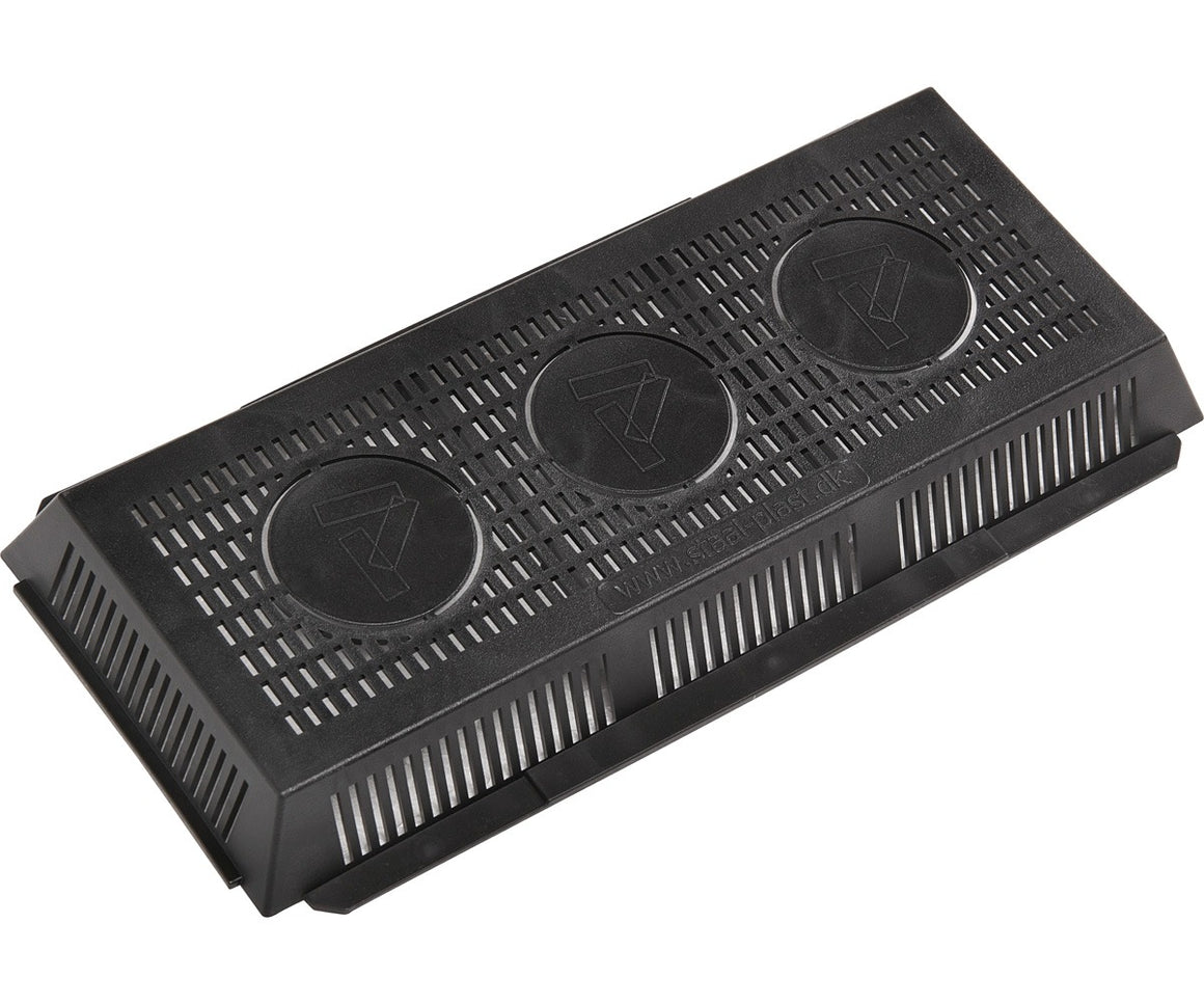 Black rectangular plastic tray with ventilation slots and three circular logos.