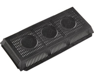 Black rectangular plastic tray with ventilation slots and three circular logos.
