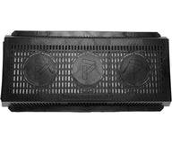 Black rectangular drain screen with three circular emblems and website address 