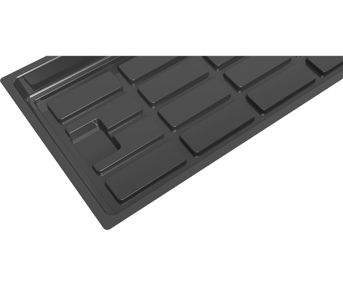 Black 2x8 low rise propagation tray with multiple rectangular cells.