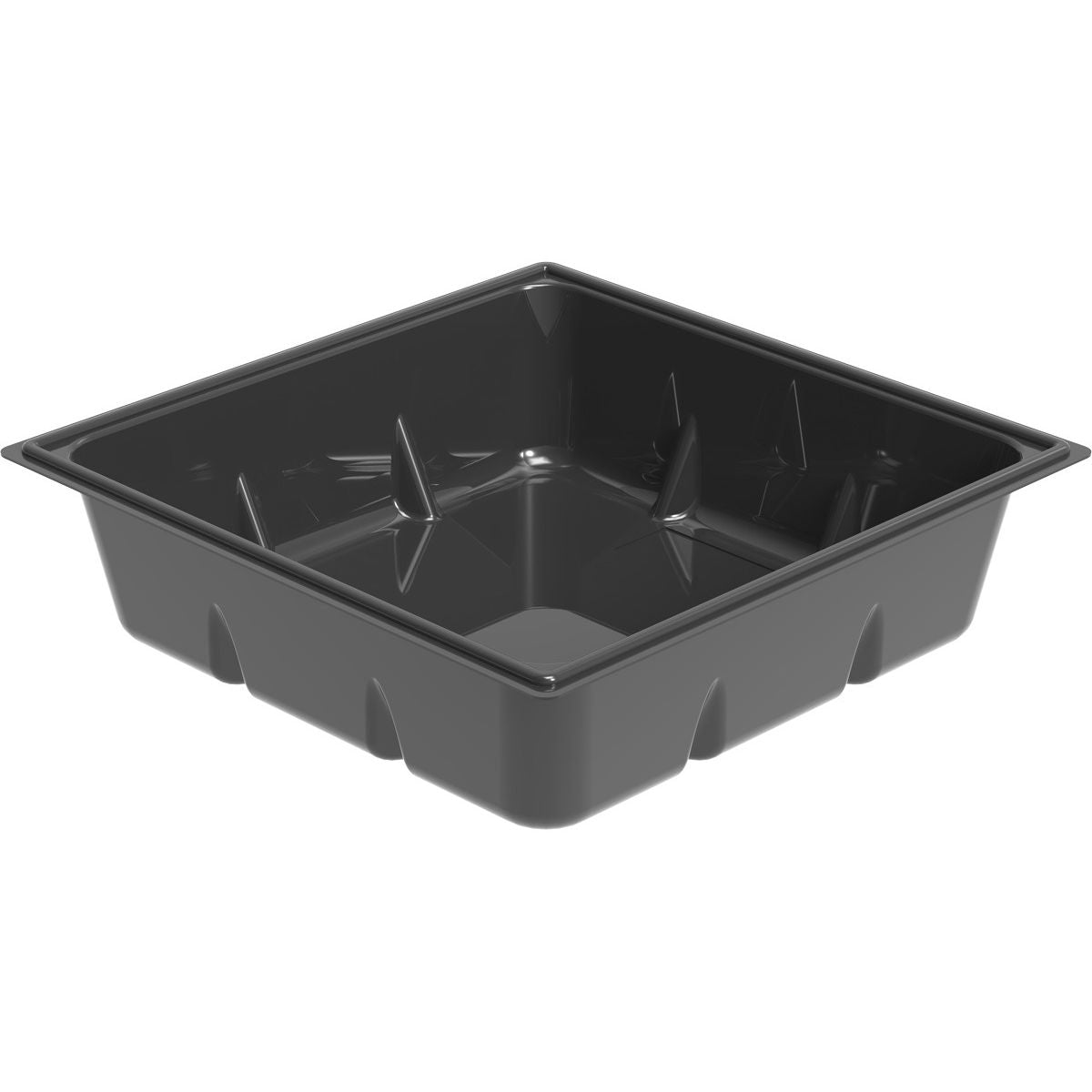 A black, square plastic reservoir with reinforced corners and a smooth interior.