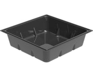 A black, square plastic reservoir with reinforced corners and a smooth interior.
