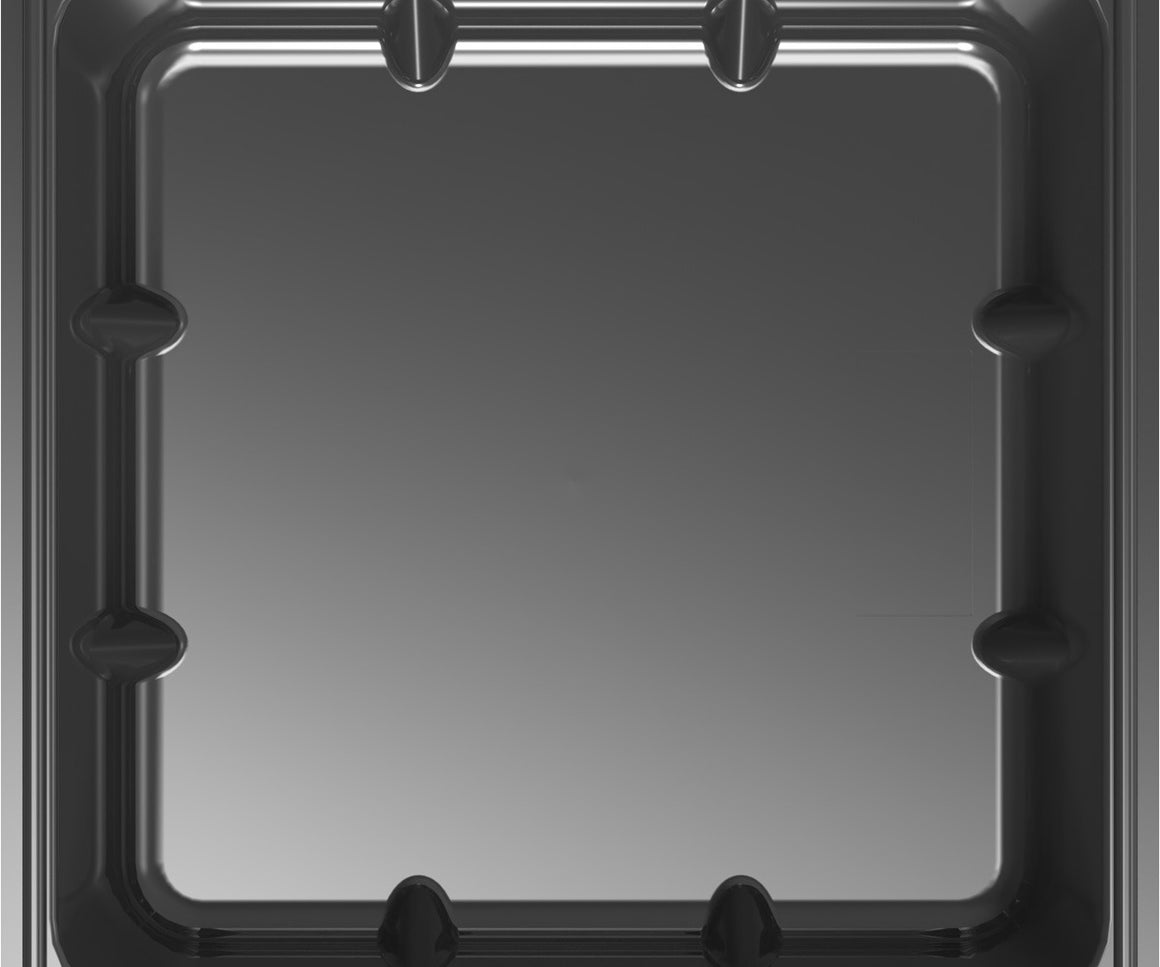 Black plastic reservoir with raised rectangular indentations on the sides.