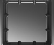 Black plastic reservoir with raised rectangular indentations on the sides.