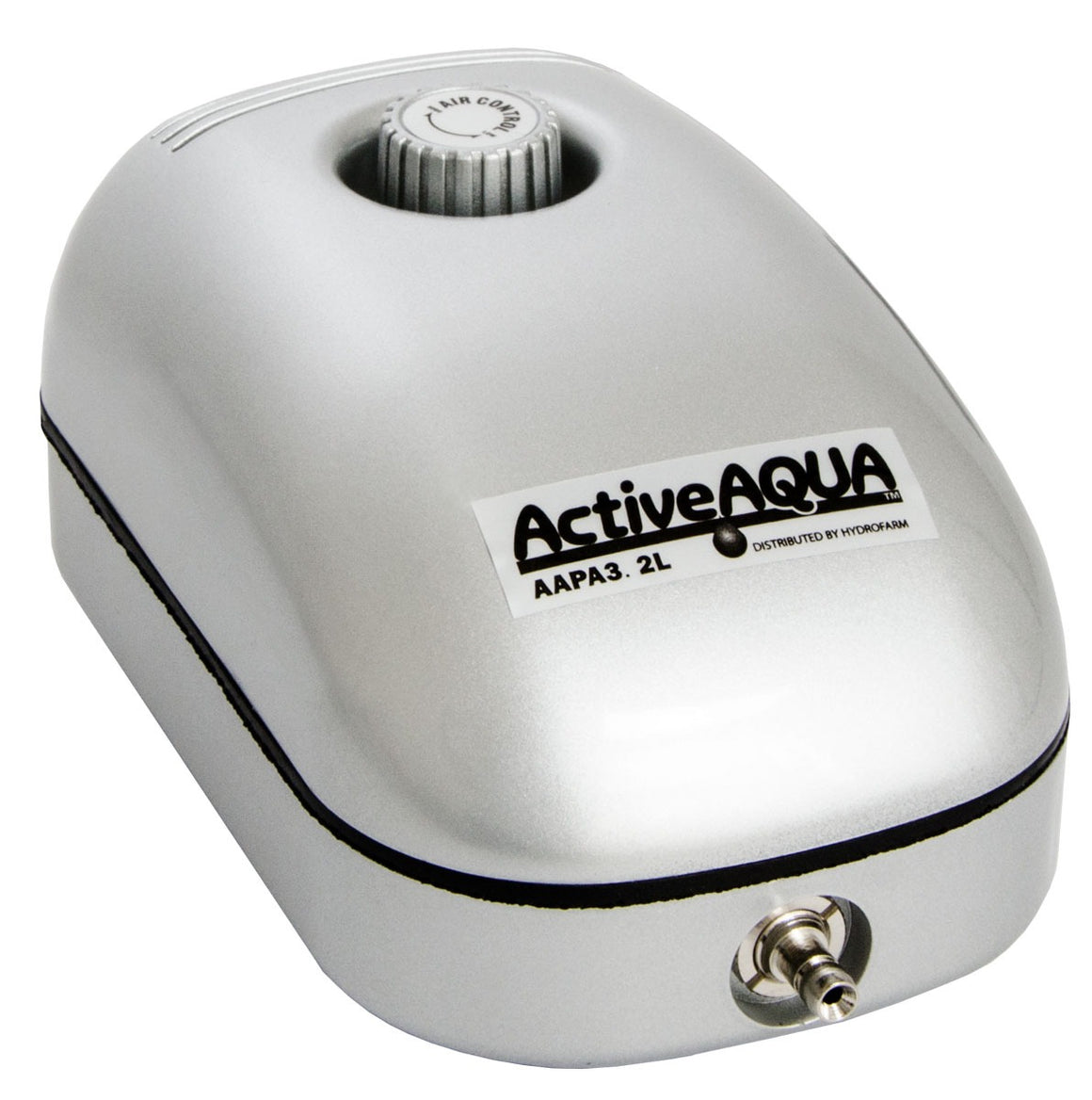 Silver ActiveAqua AAPA3.2L air pump for aquariums, with air control knob and output valve.