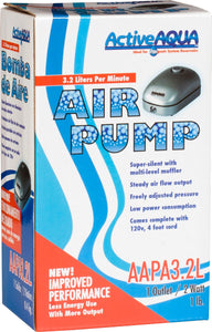 Active Aqua 2 Watt Air Pump, 3.2 Liters/Minute, single outlet, grey with blue bubble design.
