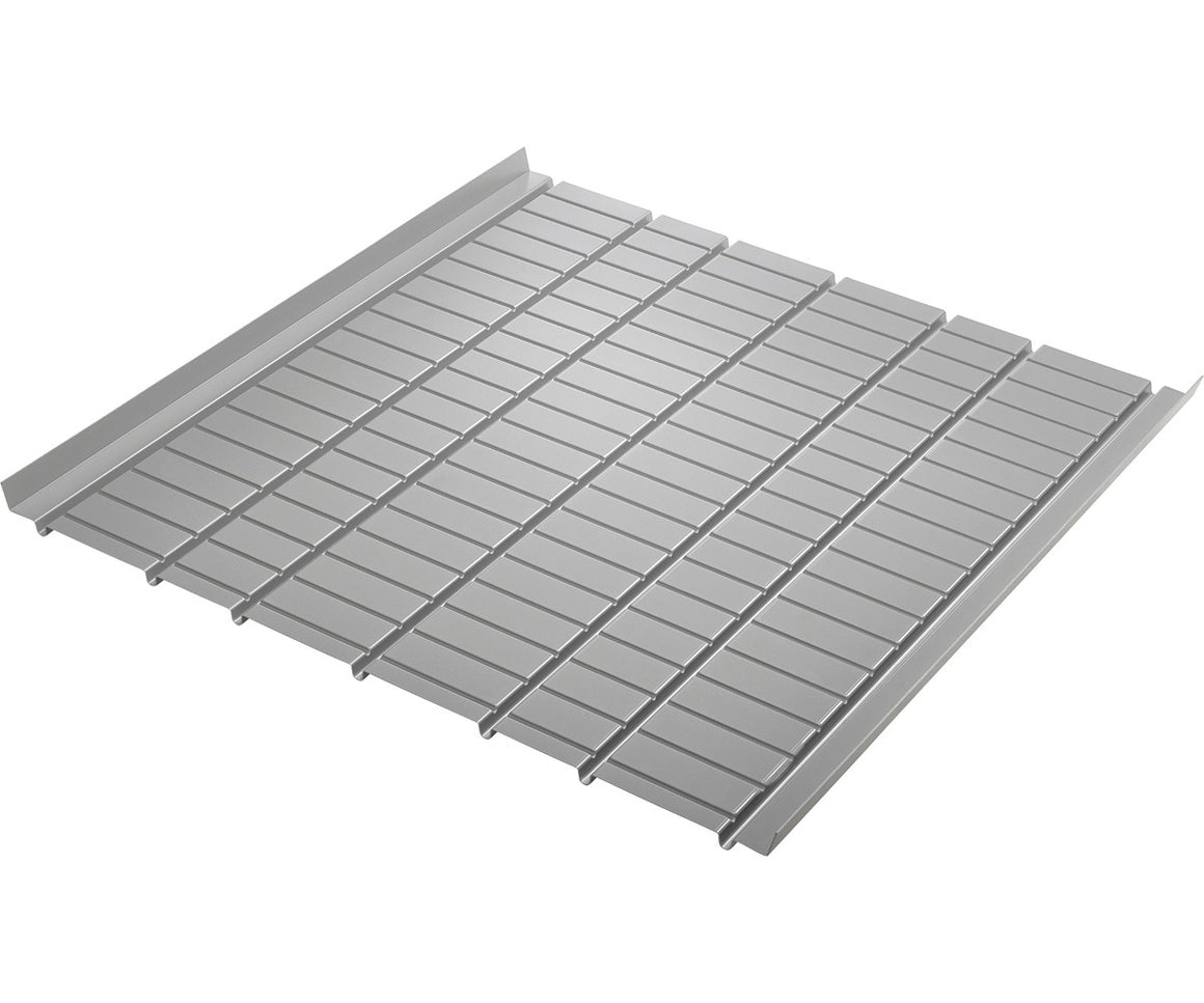 A metal shelving unit with a slatted surface and raised edges, viewed from an angled perspective.
