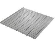A metal shelving unit with a slatted surface and raised edges, viewed from an angled perspective.