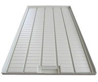 White hydroponic grow tray with raised channels and a drain outlet.