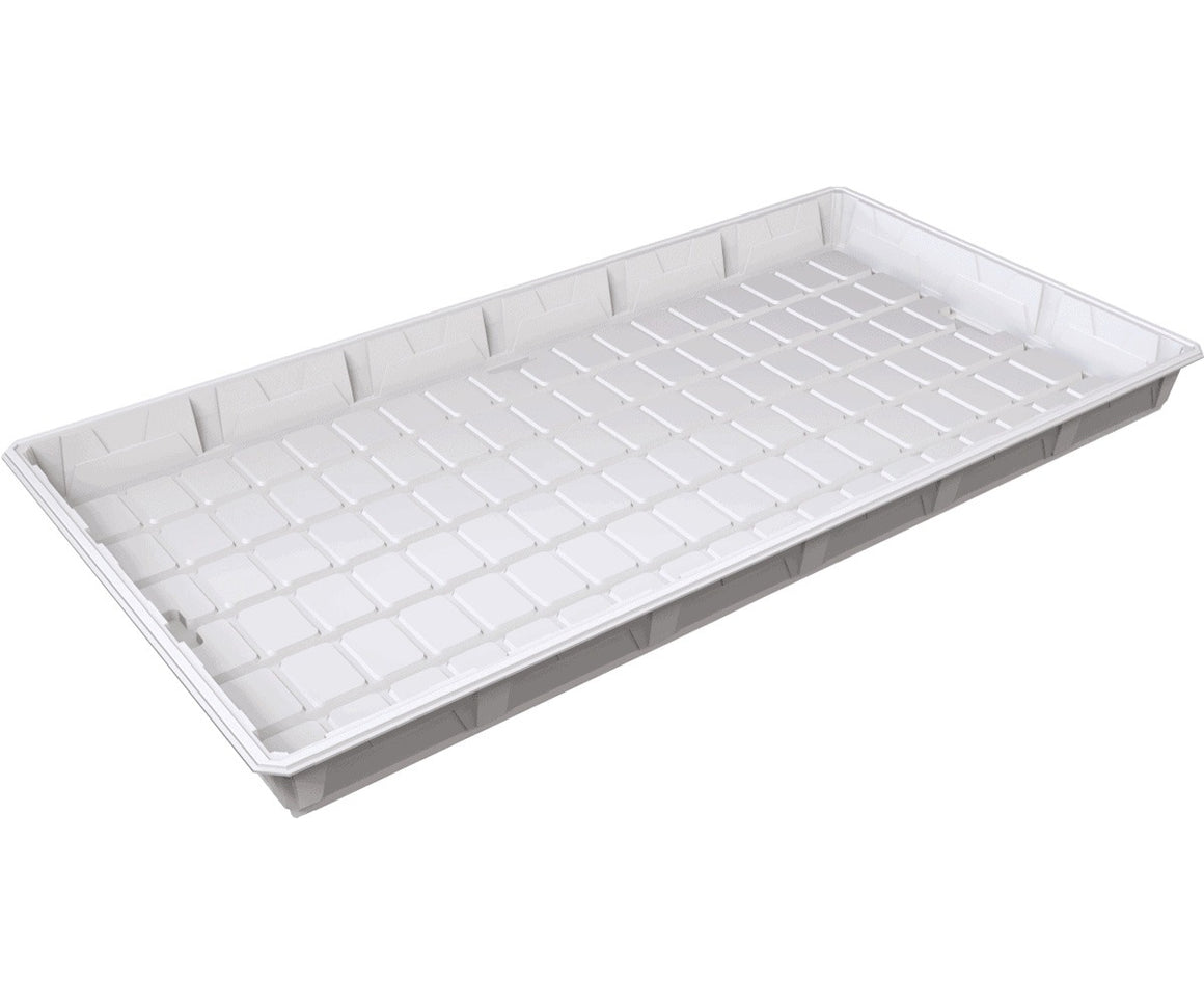 White hydroponic tray with raised grid pattern and ribbed edges, isolated on white background.