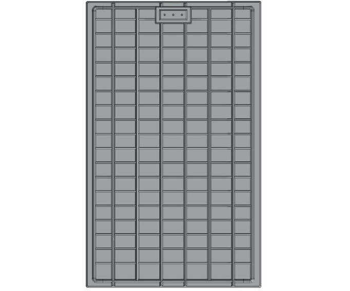 A top-down view of a gray, rectangular plastic seedling tray with a grid of 9x12 cells and a rectangular boss with three circular indentations at the top center.