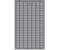 A top-down view of a gray, rectangular plastic seedling tray with a grid of 9x12 cells and a rectangular boss with three circular indentations at the top center.