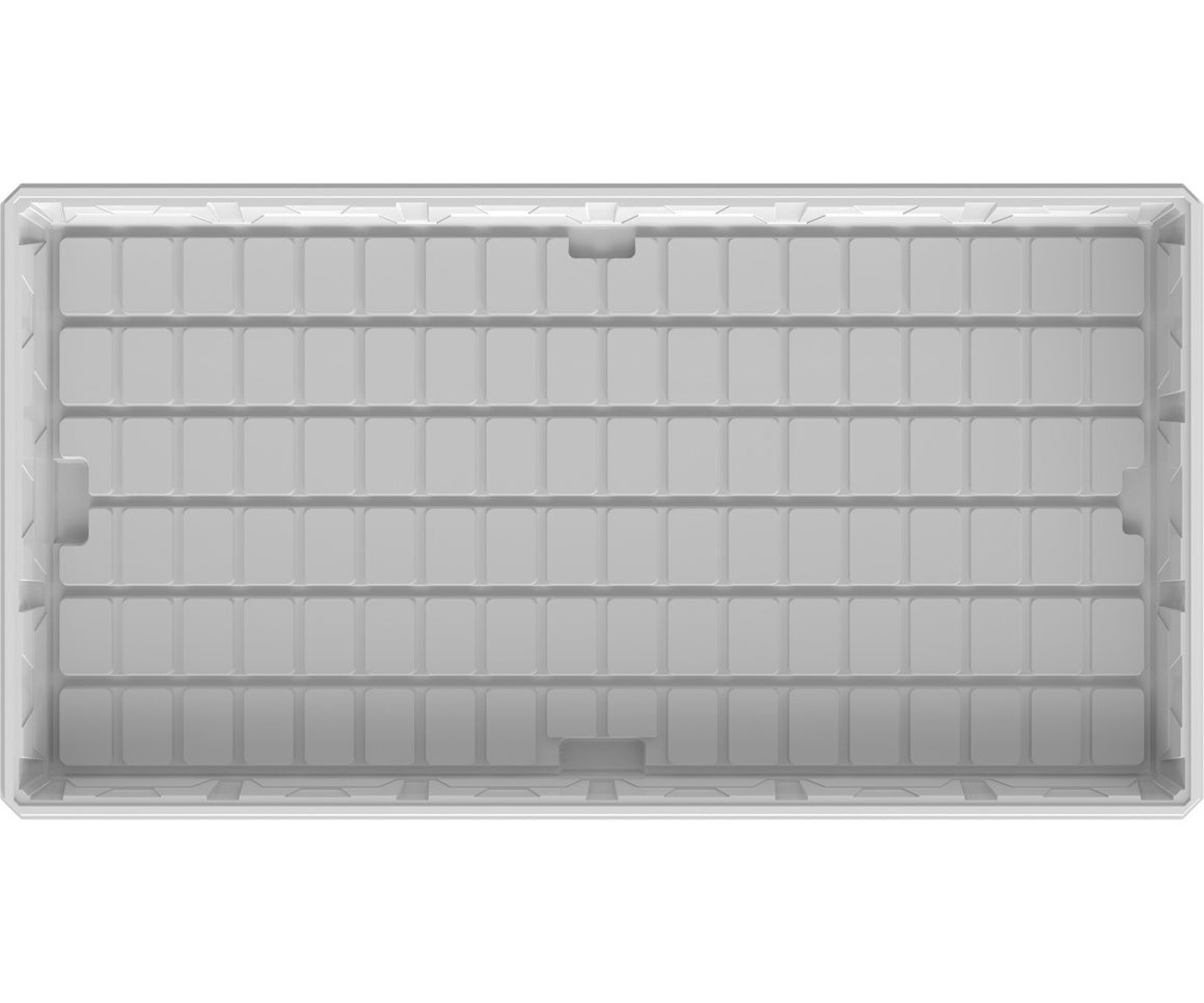 Top view of a white plastic tray with a grid of rectangular compartments.