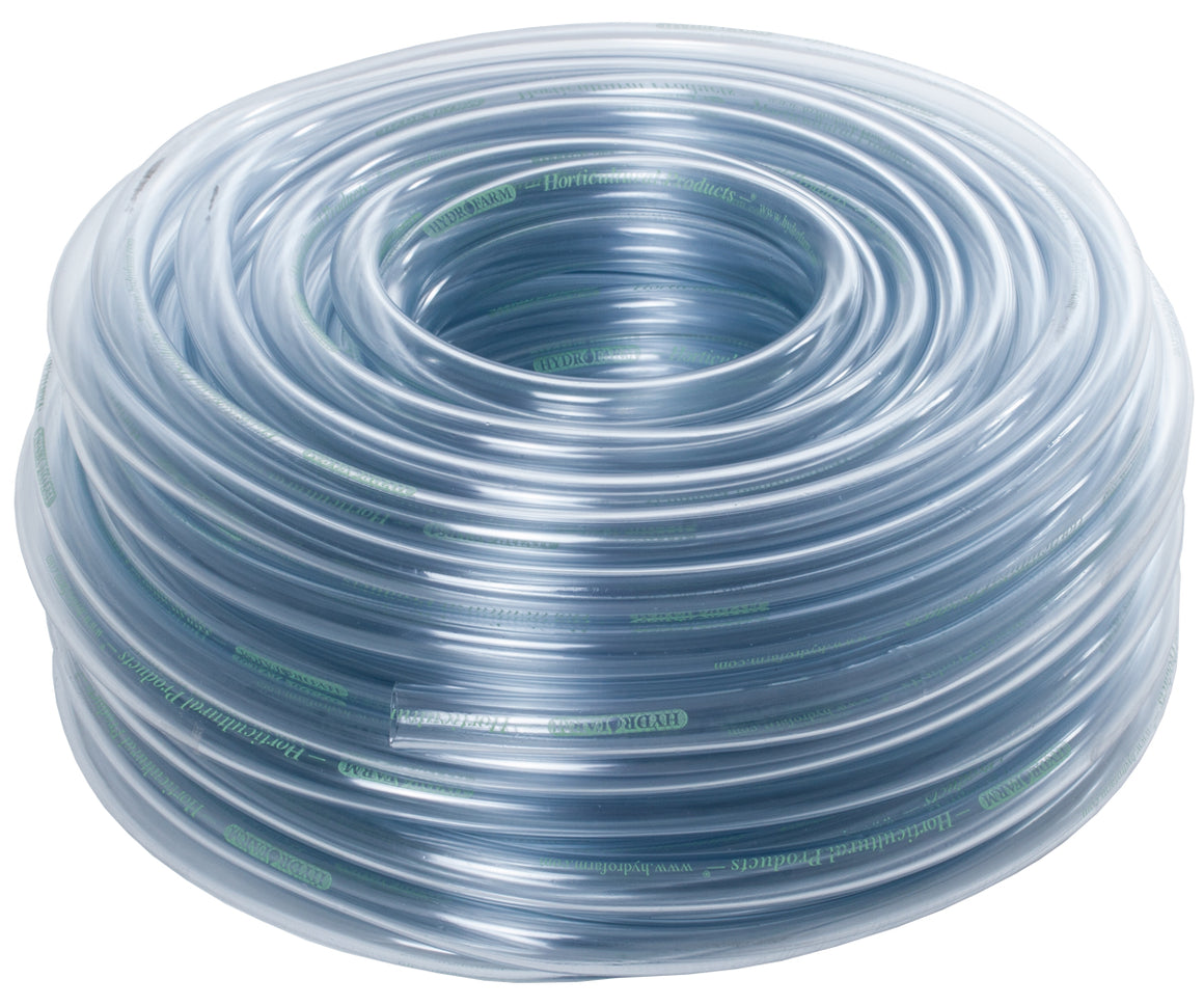 Rolled clear PVC tubing with green "Hydrofarm Horticultural Products" branding.