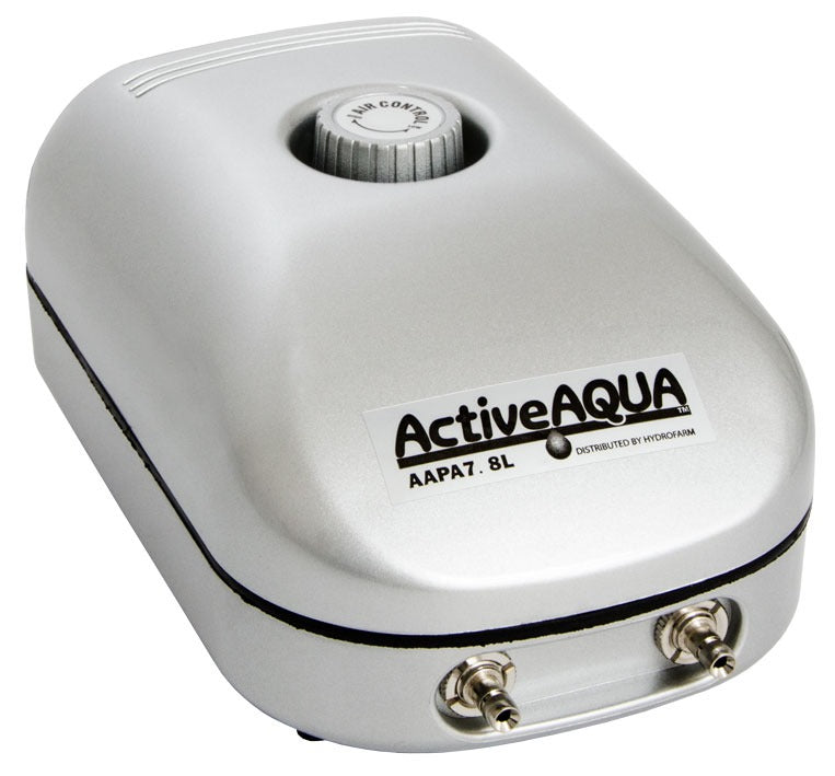 Silver ActiveAqua air pump with dual outlets and "Air Control" knob.