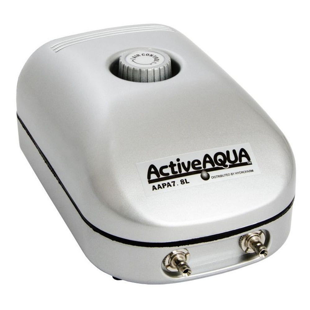 Silver ActiveAqua air pump with dual outlets and "Air Control" knob.