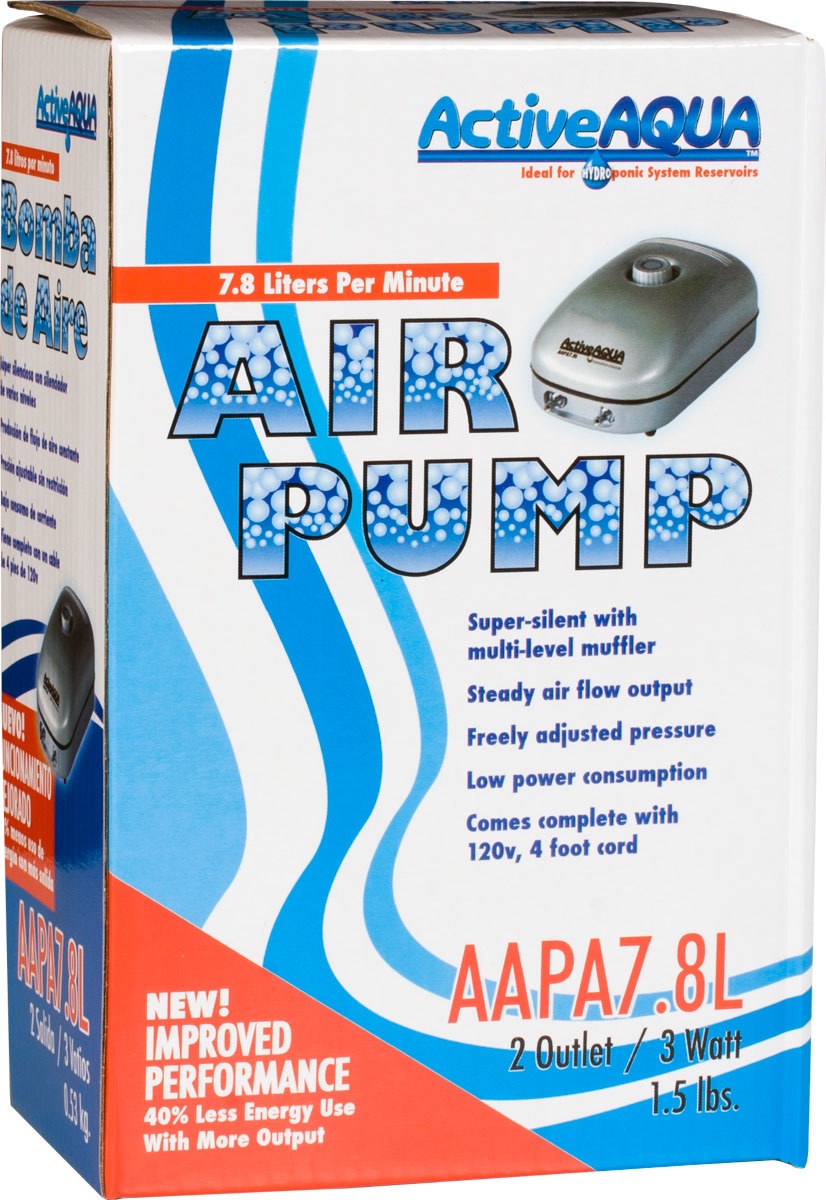 Active Aqua air pump box: "AIR PUMP", 7.8 Liters/min, 2 outlets, 3 Watt.