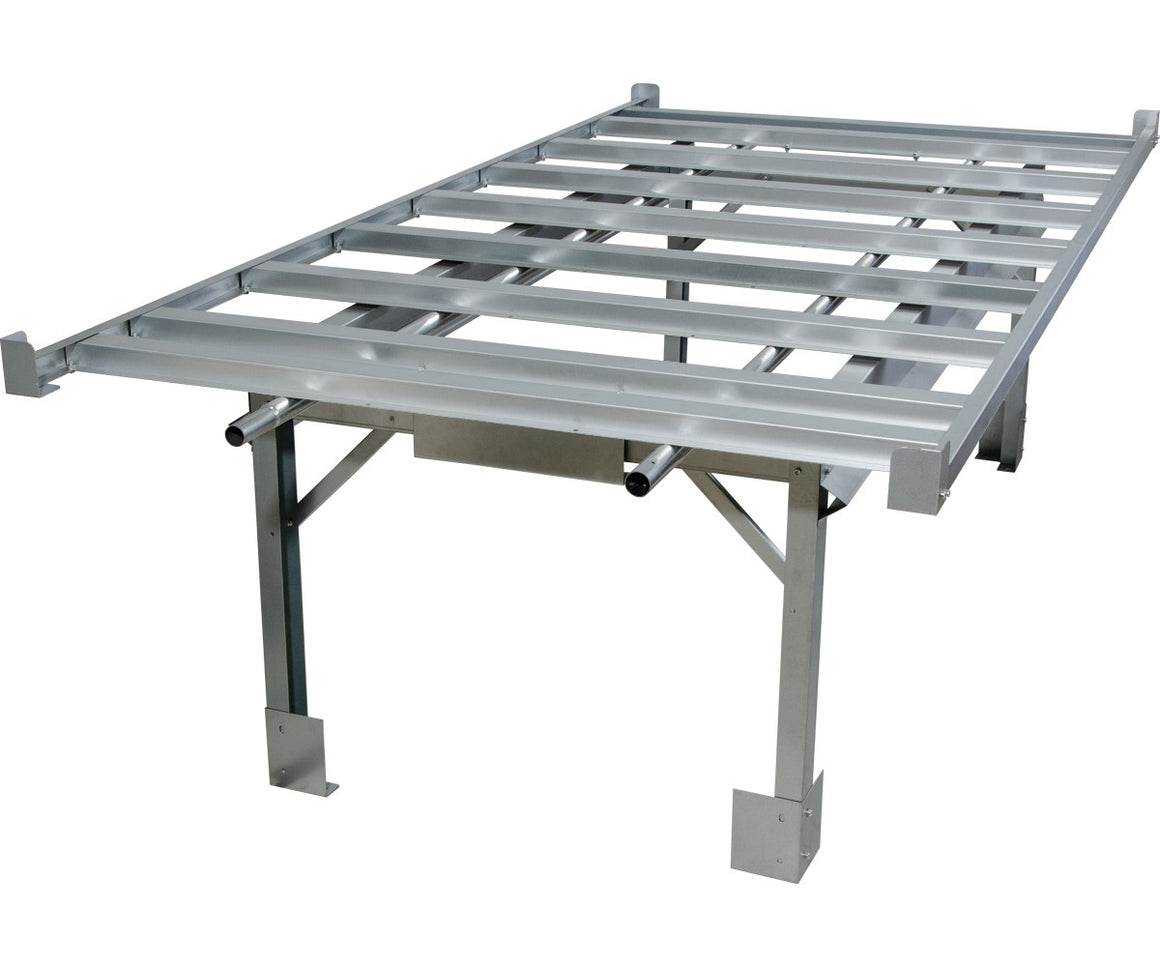 ActiveAqua 4x8ft rolling bench system, aluminum frame with multiple support beams and adjustable legs.